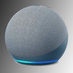 A gray Echo Dot 4th gen is displayed against a gradient black, gray and white background.