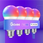 Govee color smart bulbs A19 four-pack on blue CNET background