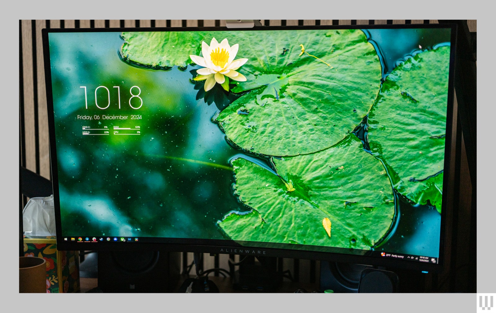 Alienware 32 4K QDOLED Gaming Monitor a large curved computer monitor with the screen showing vividly green lilypads...