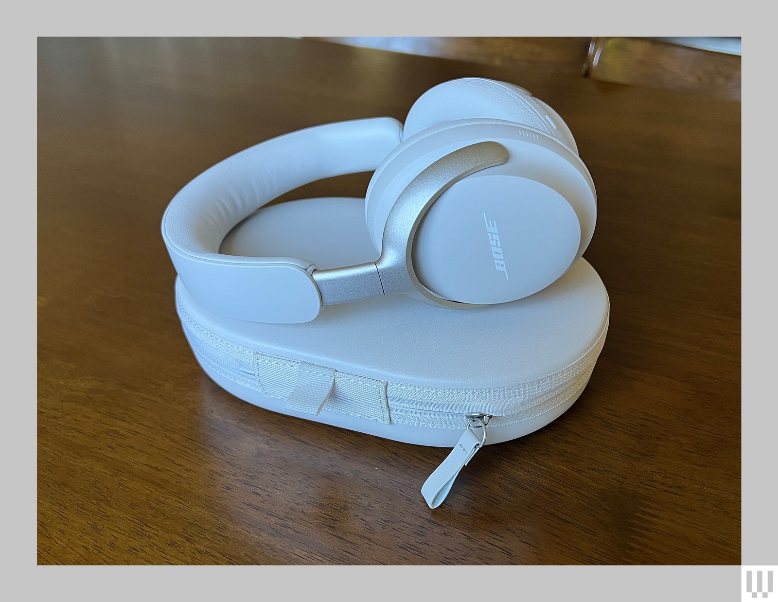 White Bose Noise Cancelling Wireless Headphones sitting atop carrying case