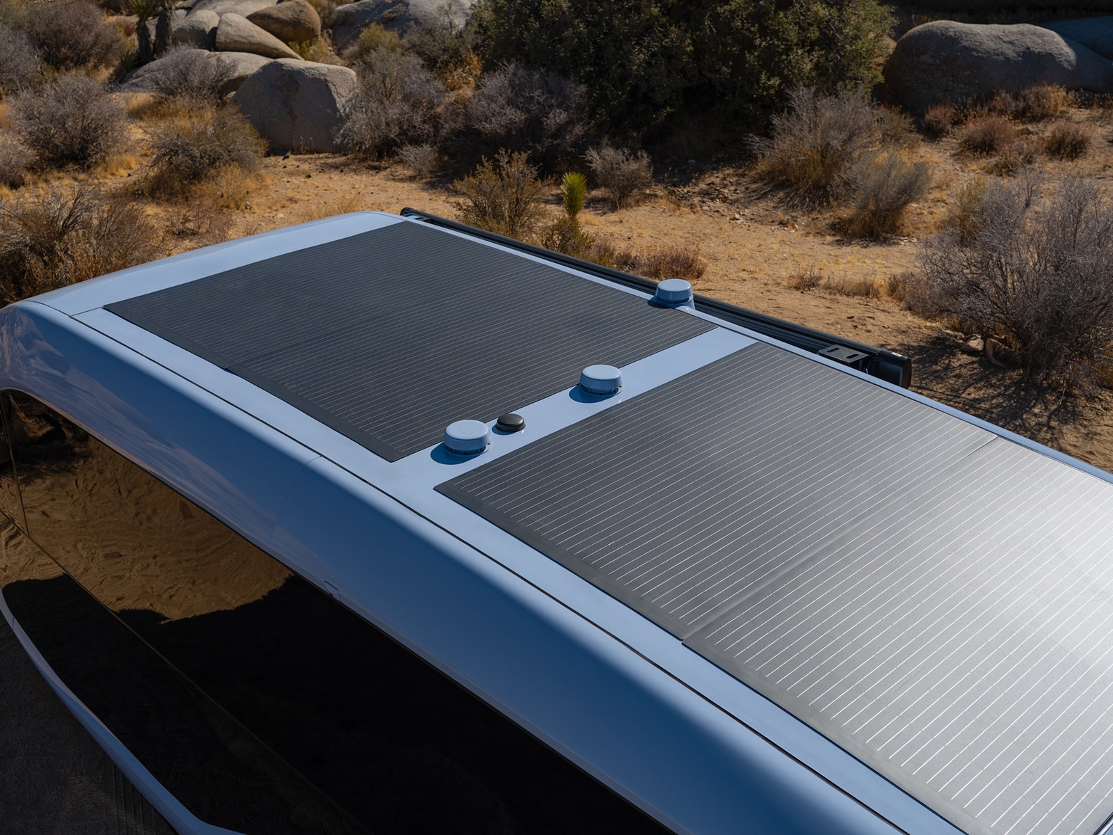 A press image of the solar panel roof on the new electric RV from Pebble