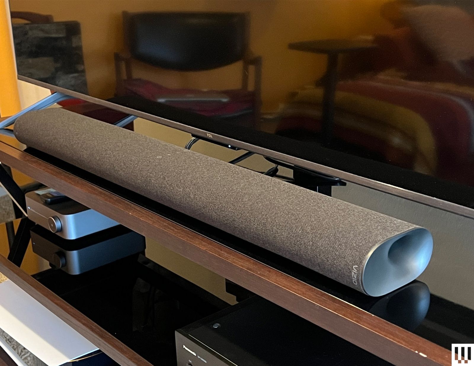 Vizio AIO Soundbar Review  full side view showing off its dapper cloak of acoustic fabric.
