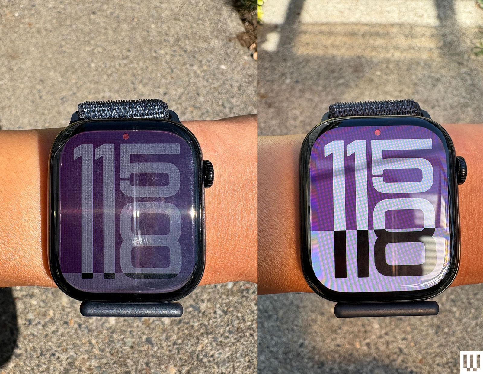 Two views of an Apple Watch Series 10 a smartwatch on someone's wrist showing the difference of the screen in direct and...