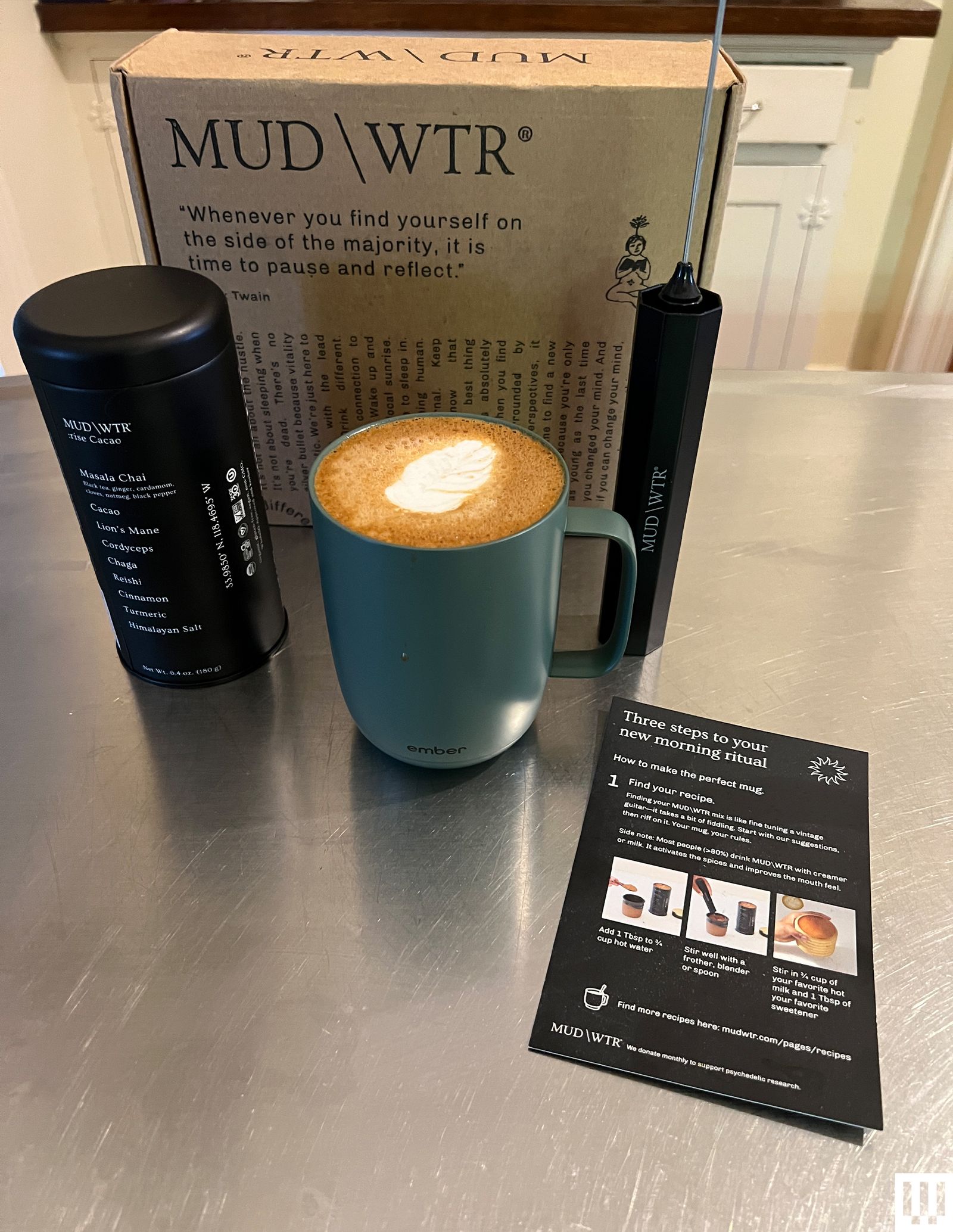 Best Mushroom Coffee Mud WTR brand packaging Mixer and green coffee cup