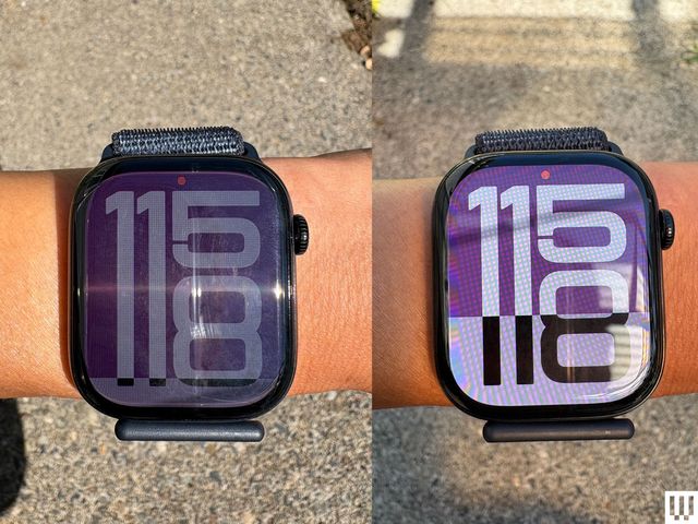Two views of an Apple Watch Series 10, a smartwatch on someone's wrist, showing the difference of the screen in direct and indirect sunlight