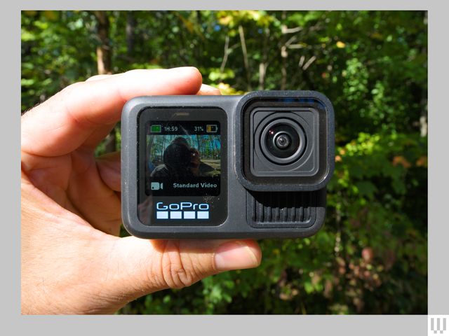 Hand holding small camera, showing the screen and lens, with bushes in the background