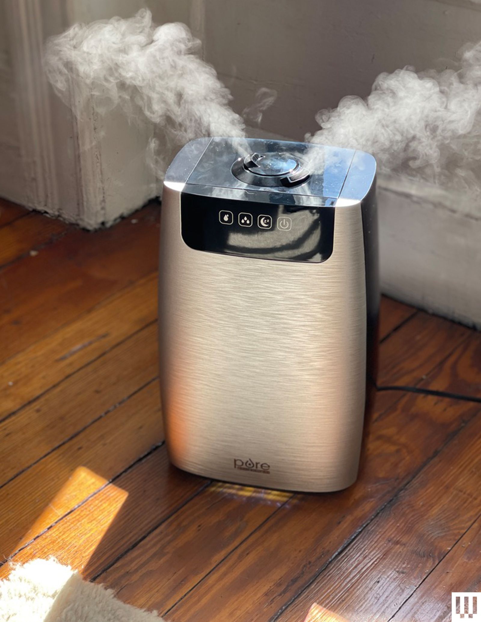 Pure Enrichment Hume X.L. Humidifier a silver rectangular device with mist coming out the top