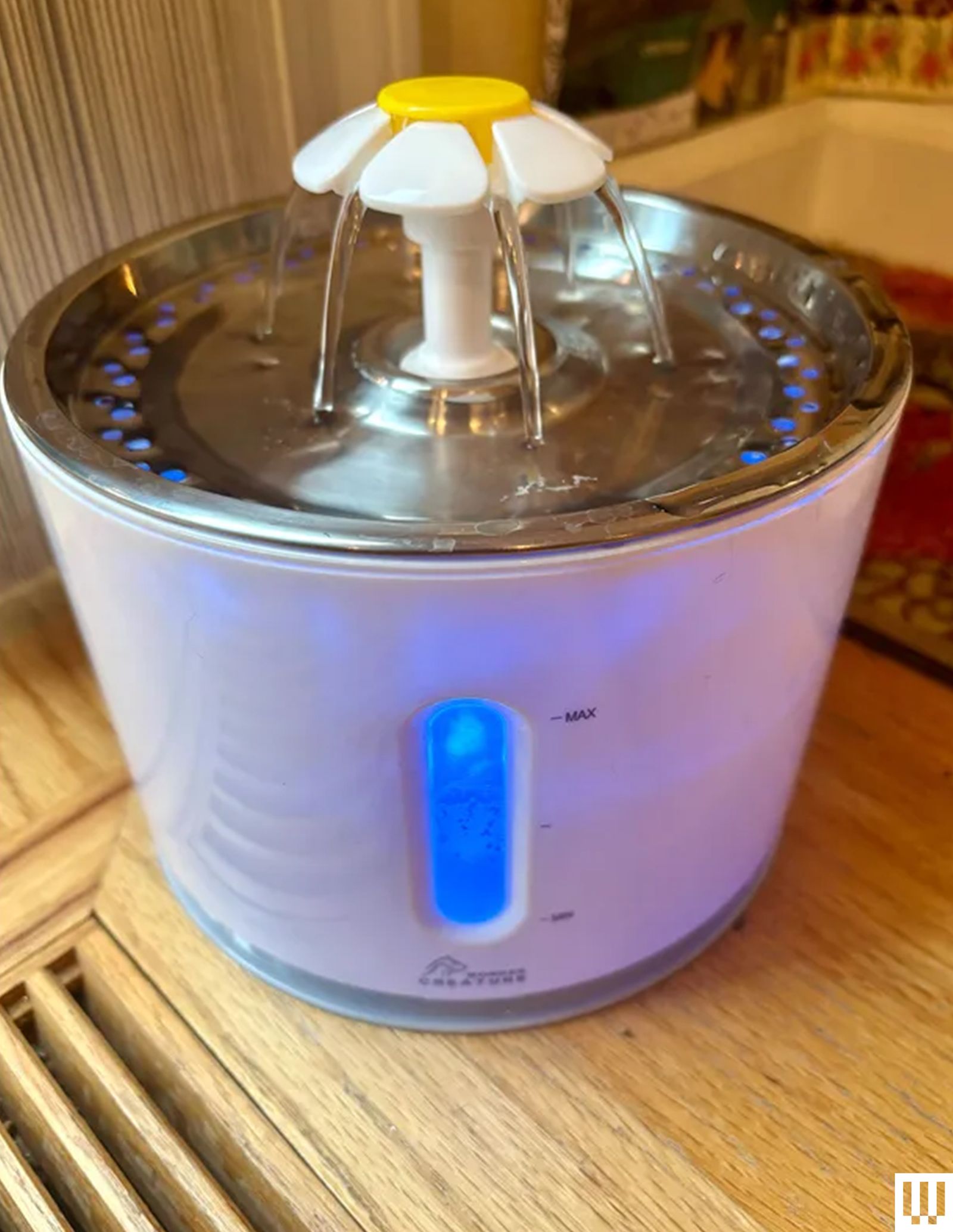 Wonder Creature Cat Fountain a cyclindrical shaped device with a metal pan top that has a flower which water pours from...