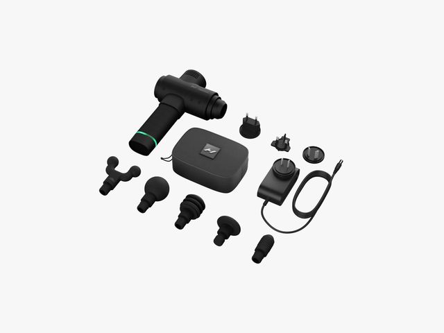 Hyperice Hypervolt 2, a black handheld massager with accessories and charger