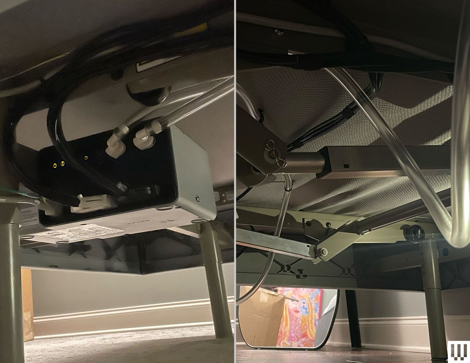 2 side by side photos of the mechanical parts and pumps under a bedframe