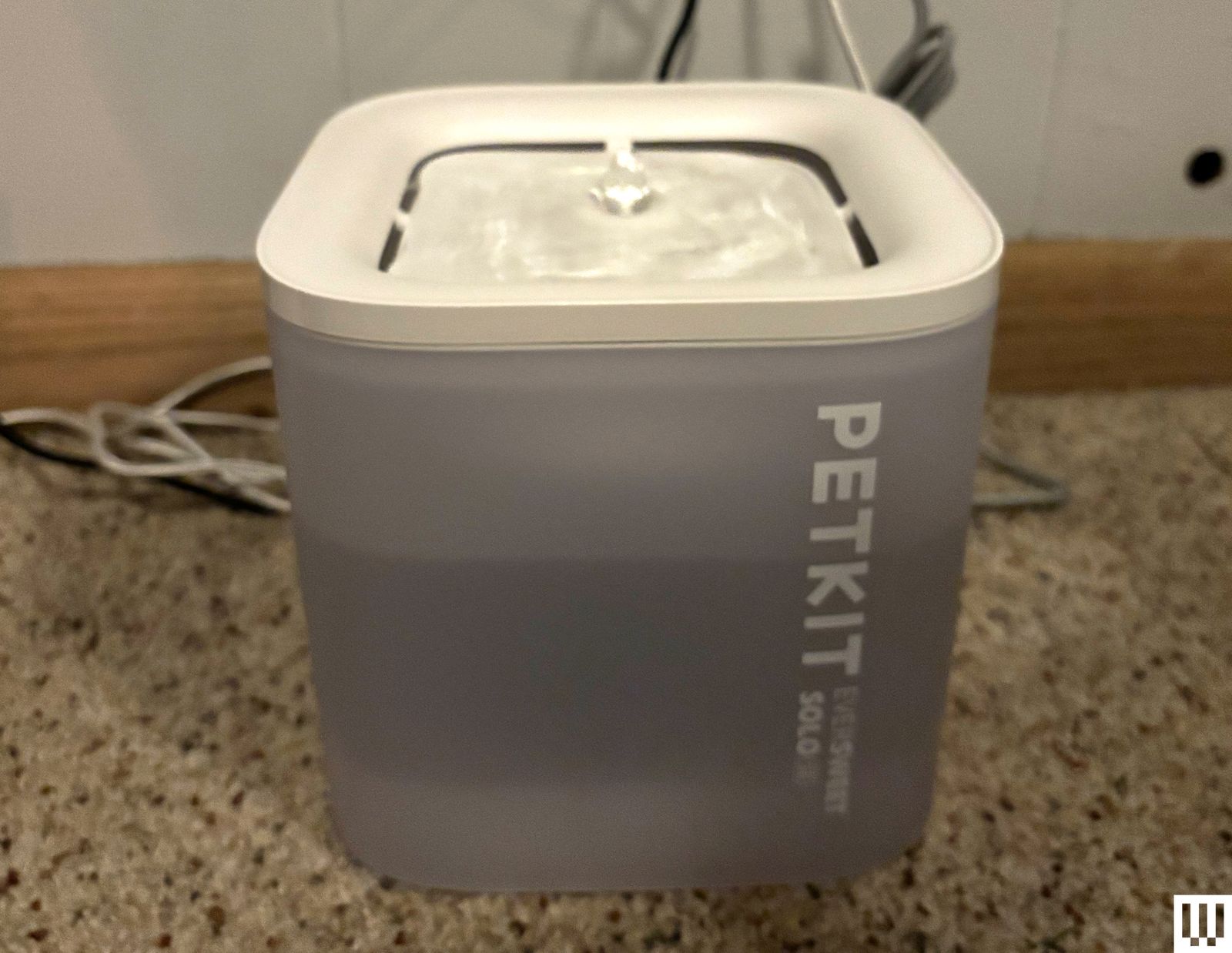 EverSweet Solo SE a cubeshaped water fountain for cats with a semiseethrough water reservoir and white lid where water...