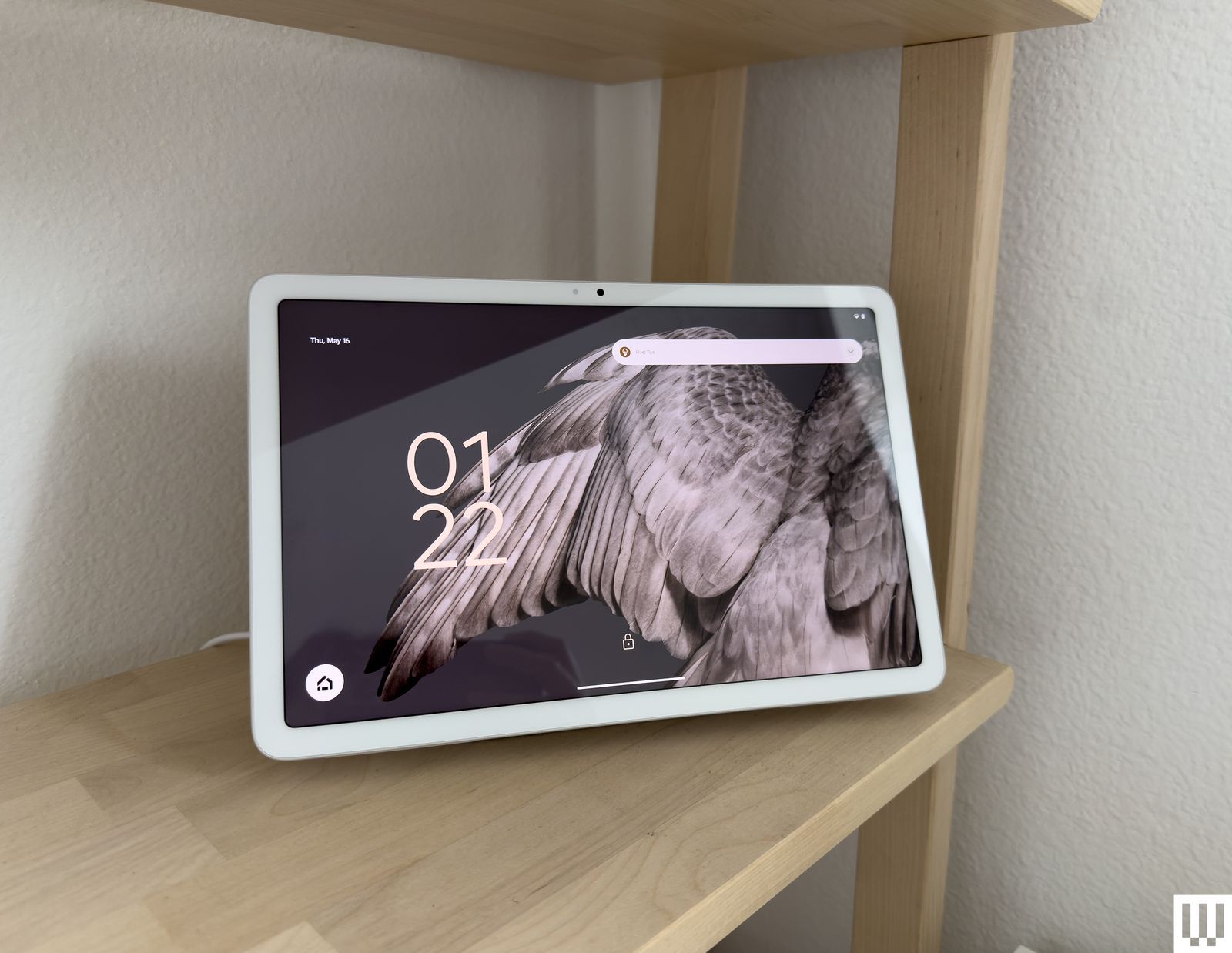 White tablet on light wood shelf with the screen showing the time and a closeup view of bird feathers