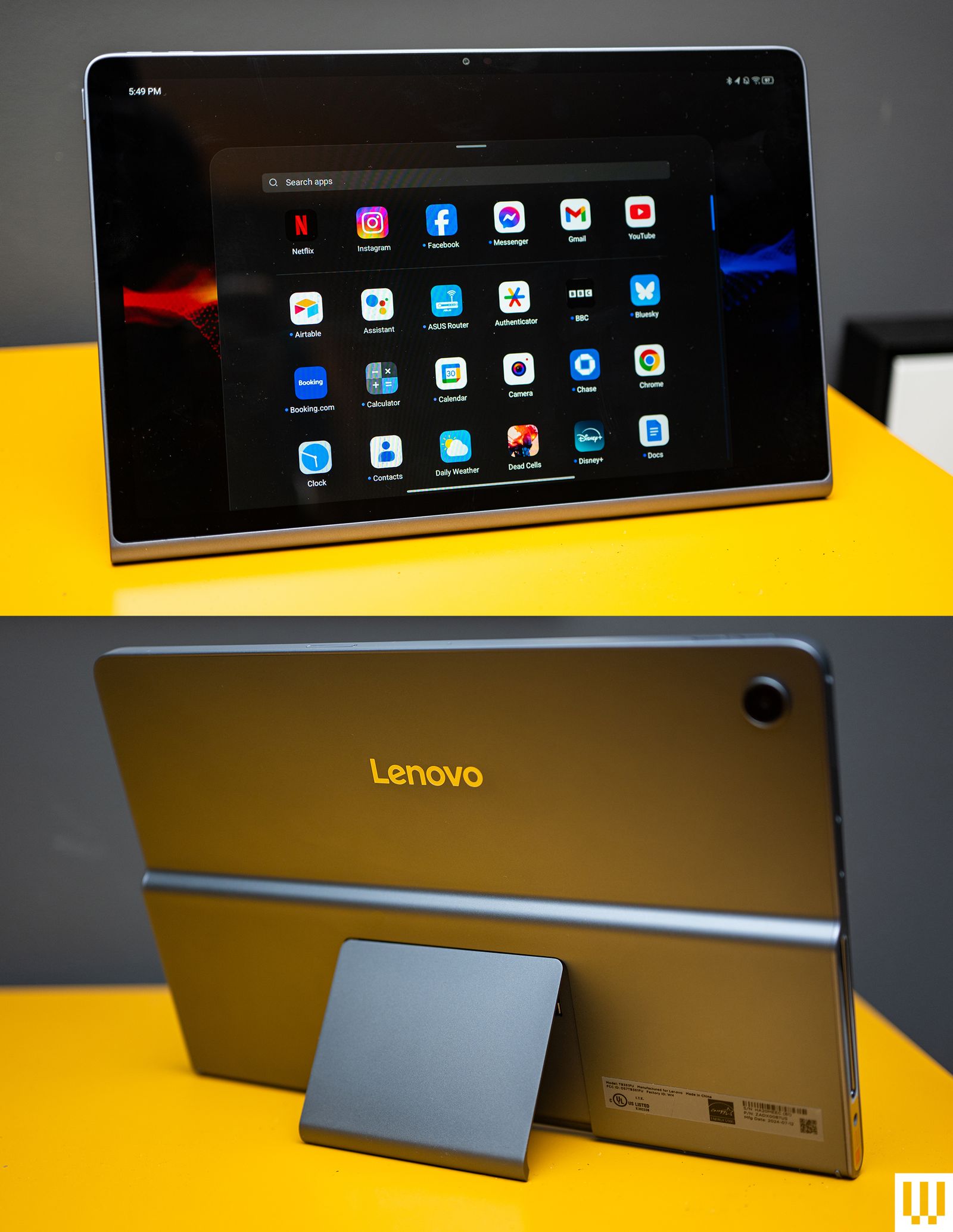Front and rear view of the Lenovo Tab Plus a slim tablet with the screen showing app icons and the back propped up by an...