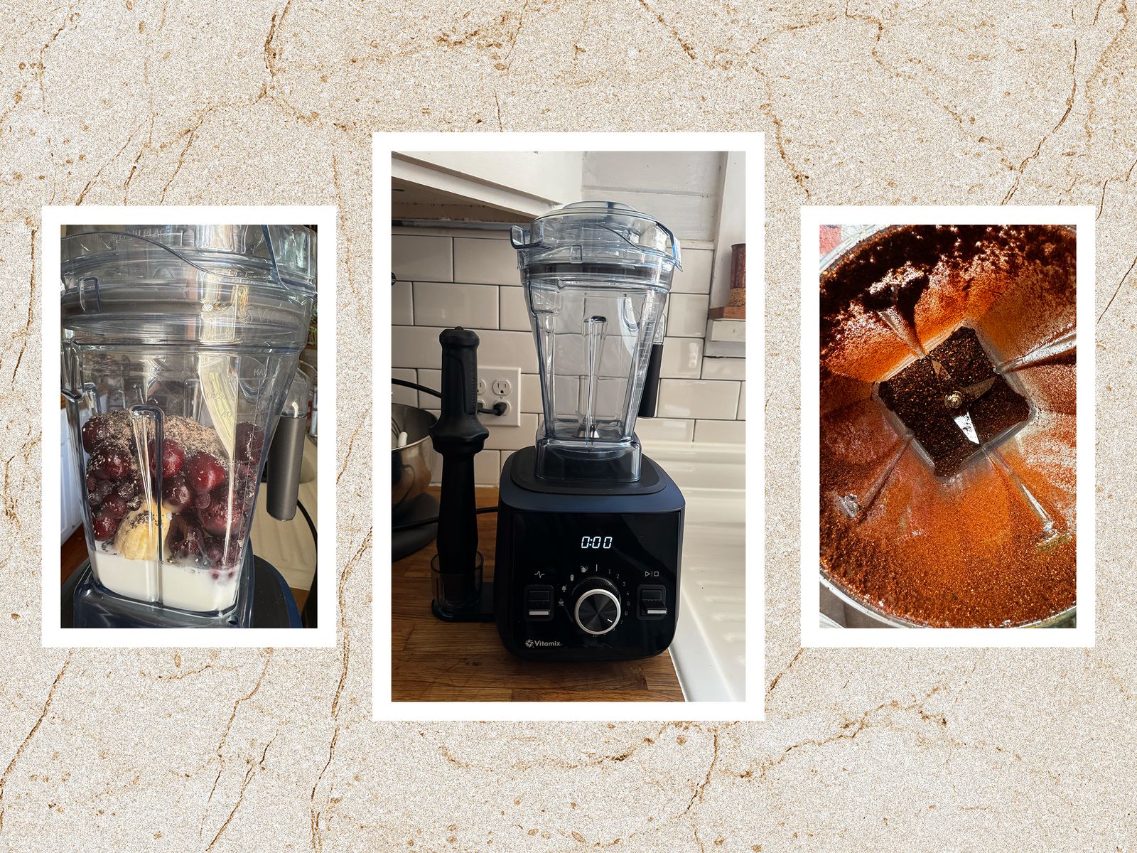 Front views of the Vitamix Ascent X2 a blender with a black square base and large clear container. Left blending...