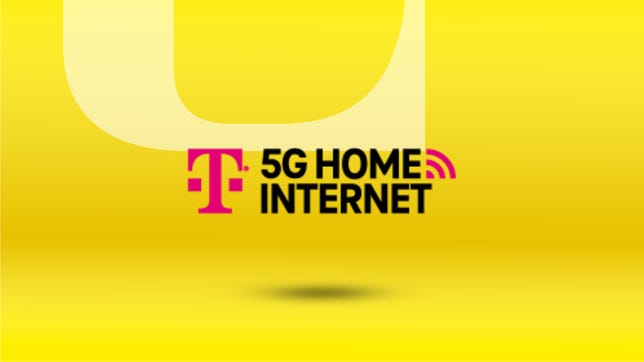 The T-Mobile 5G Home Internet logo is displayed against a gradient yellow CNET background.