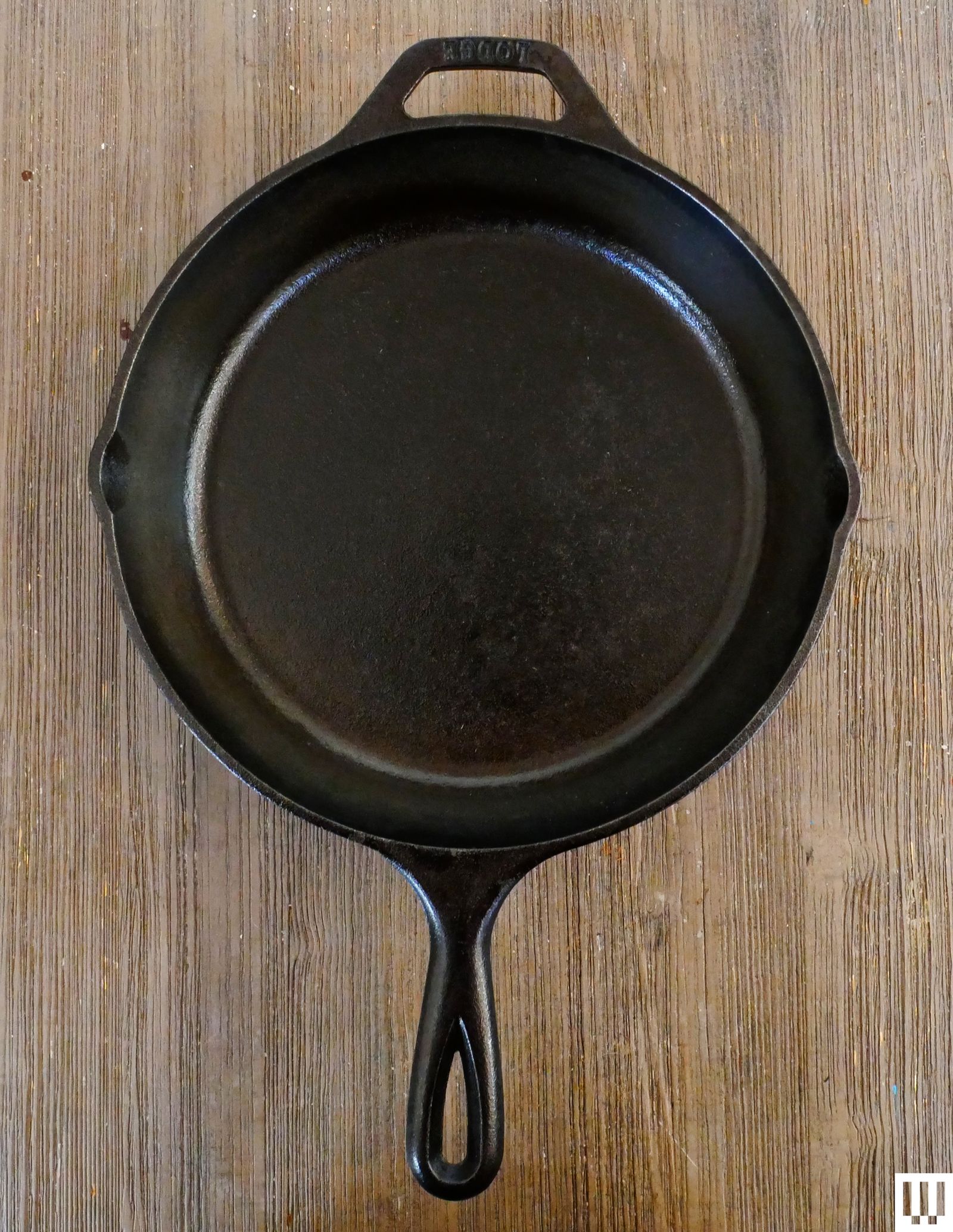 Overhead view of Lodge 10inch Cast Iron Skillet on a wooden surface