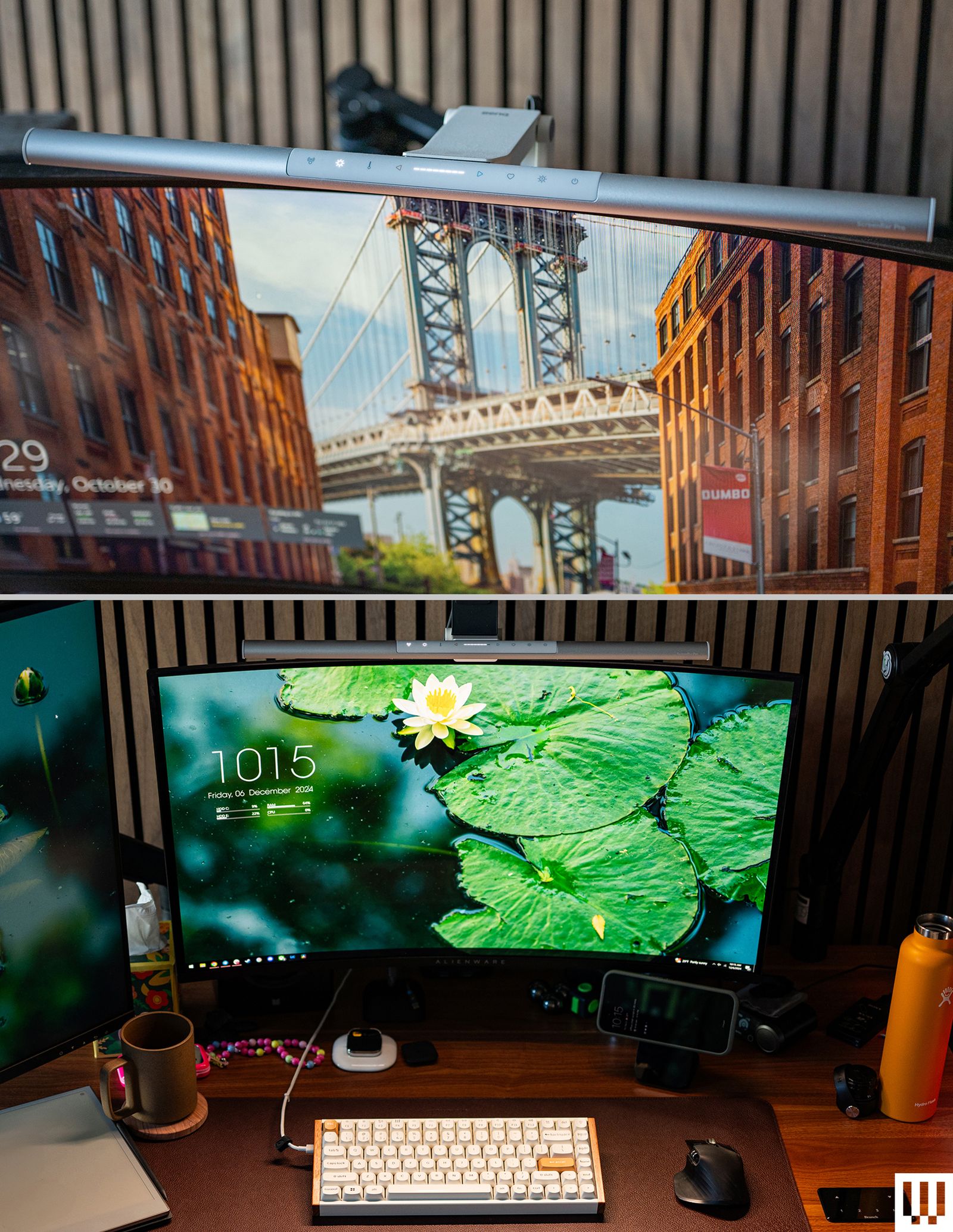 Closeup of the Ben Q Screen Bar Pro a narrow silver light attached to the top of a computer screen and a view of a full desk
