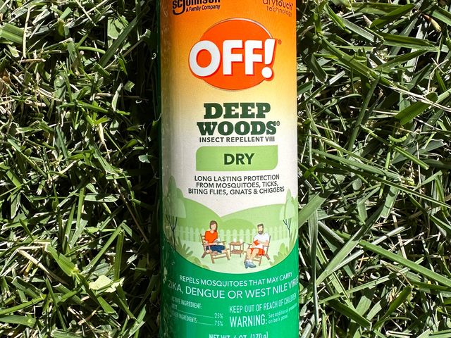 Off Deep Woods Dry Insect Repellent, an aluminum spray can with orange and green branding, laying in a patch of grass