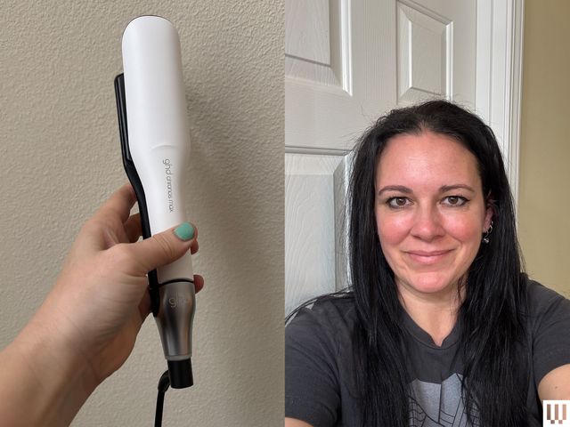 Hand holding the GHD Chronos Max Hair Straightener beside a selfie of a person with long black hair after using the hair straightener, softly smiling while wearing a black shirt
