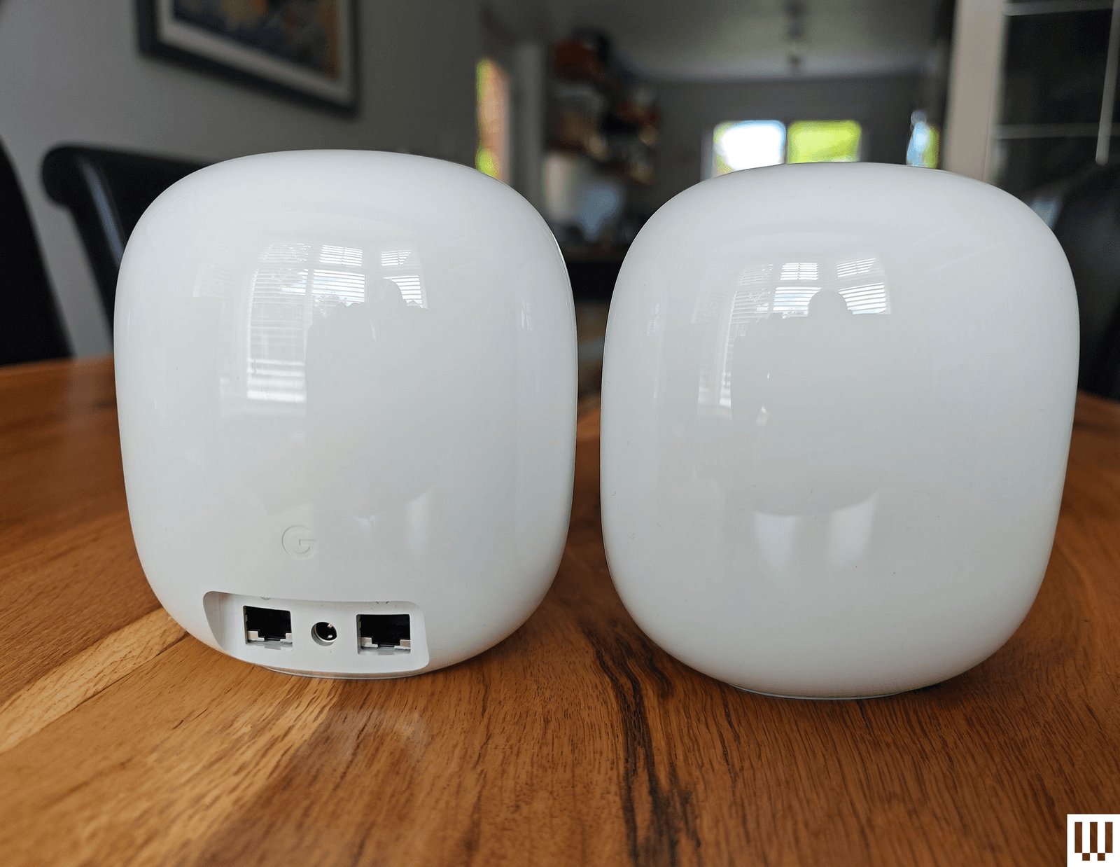 Two white round Google Nest mesh wifi router devices one facing front and the other backwards showing the ports