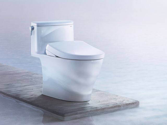 Toto Washlet S7A bidet on a toilet, surrounded by water