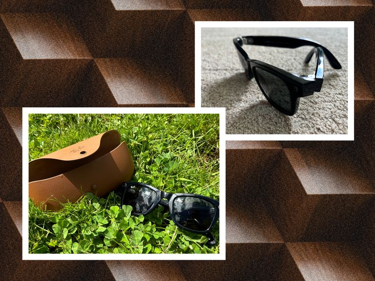 Left: Black sunglasses and a brown carrying case sitting in the grass. Right: Closeup side view of black sunglasses. Background: 3D wooden cubes.
