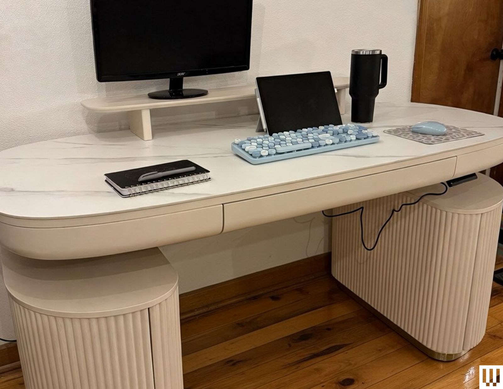 Image may contain Furniture Table Desk Tabletop Computer Hardware Electronics Hardware Monitor Screen and Hardwood